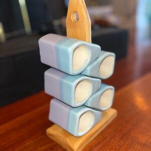 Vintage Rodolfo Padilla Ceramic Set of 5 Stacking Espresso Mugs w/ Wooden Stand